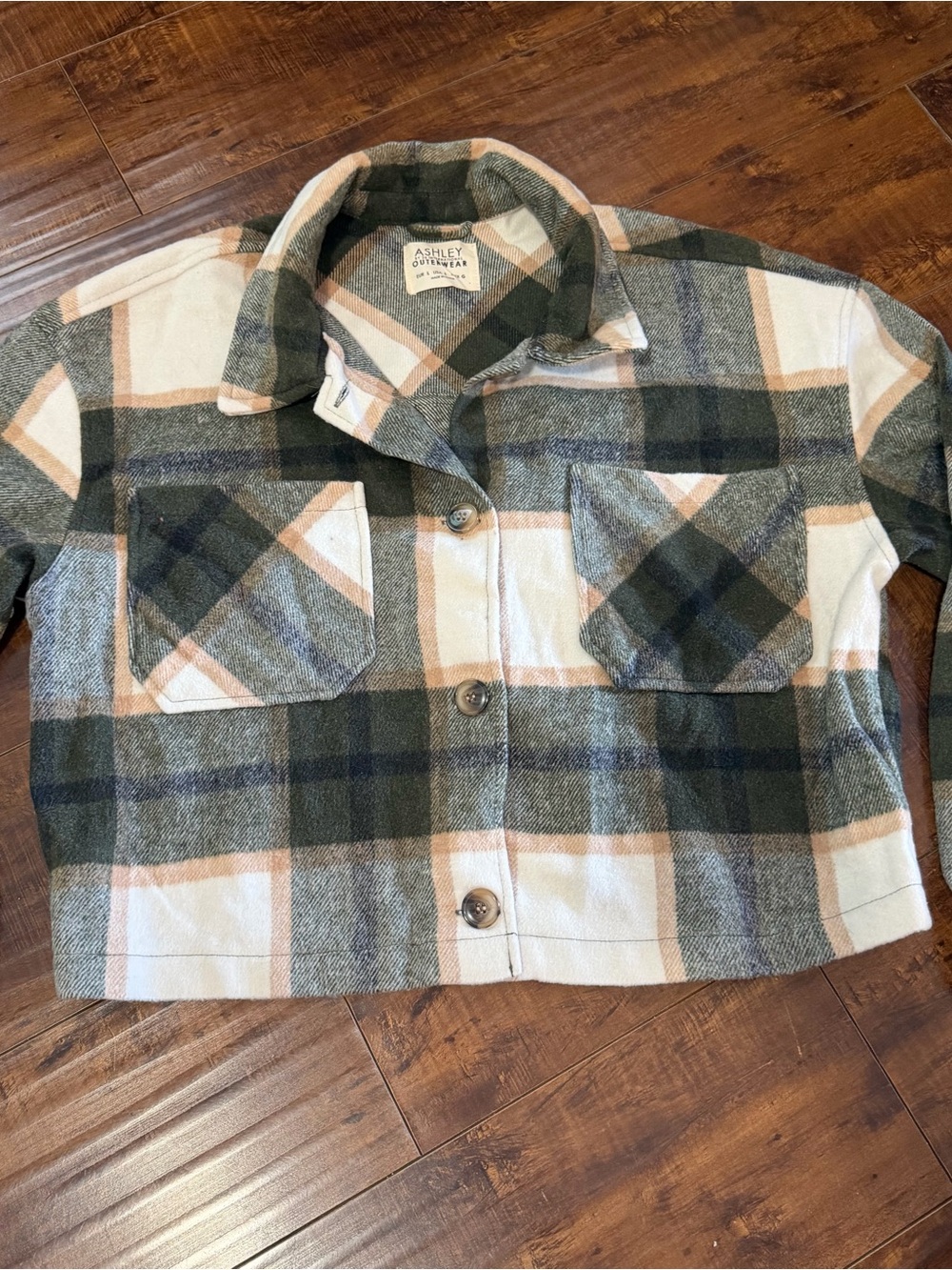 Ashley By 26 International Green, Cream & Tan Plaid Kids Shacket